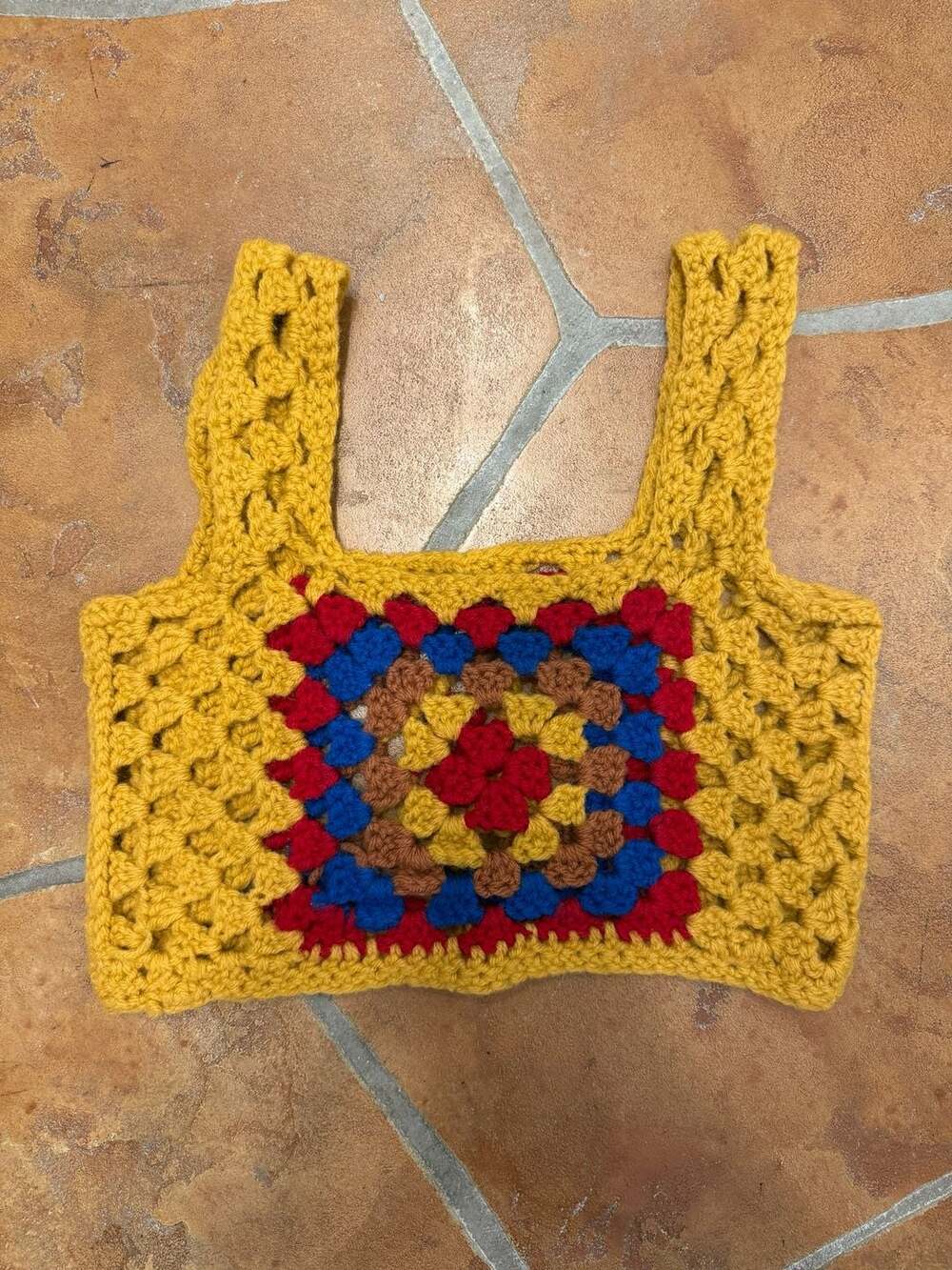 Vintage Handmade Crochet Granny Square Crop Top Yellow Red Blue